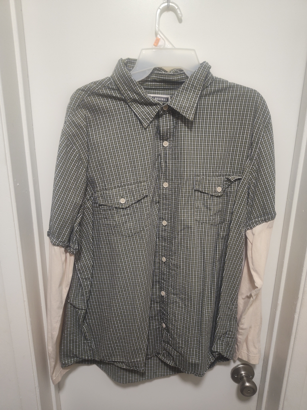 Route 66 Green Plaid Button-Down Shirt with Cream Layered Sleeves